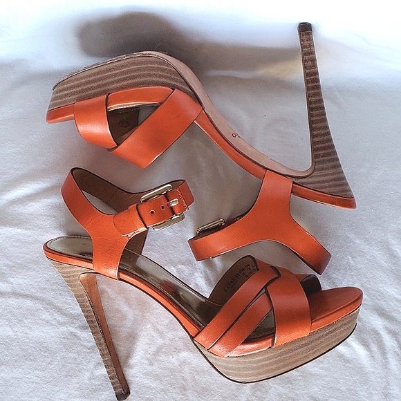 EUC Coach Orange Platform High Heels Shoes Sz 7 w/ Strappy Ankle Buckle with Box - Picture 6 of 16